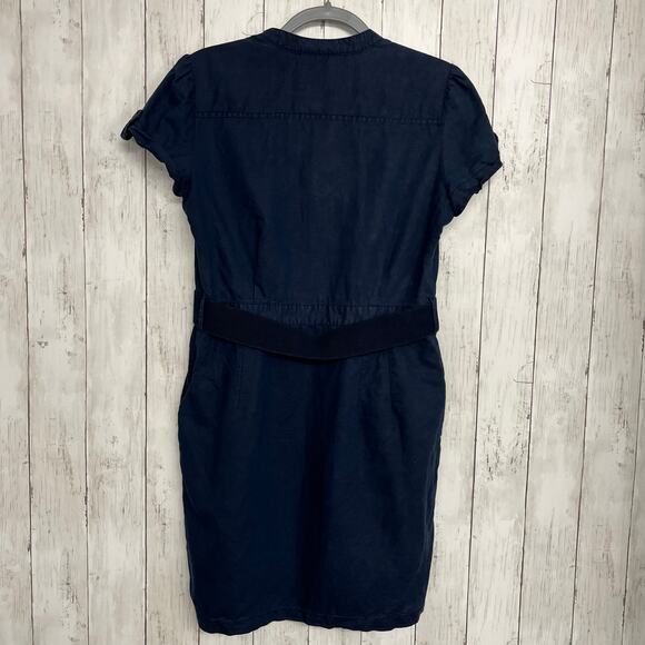 Mango Linen Navy Blue Short Sleeve V Neck Belted Knee Length Preppy Money Dress - Picture 2 of 11
